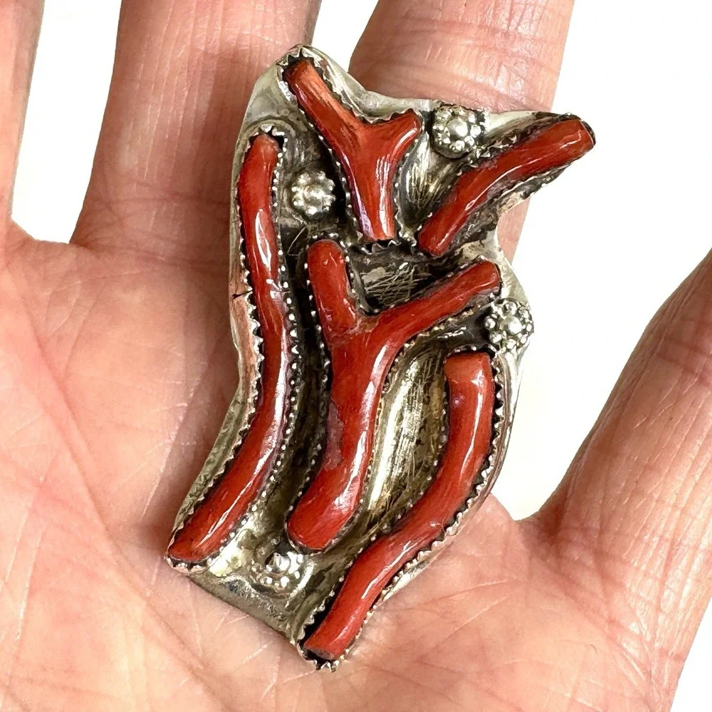 Navajo‎ Red Branch Coral Ring Sz 7 Sterling Signed Tsabetsaye Turquoise